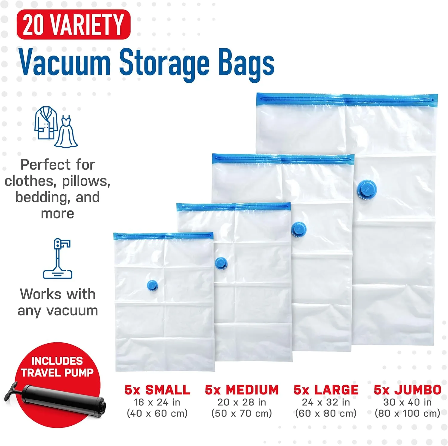 Spacesaver Vacuum Seal Bags for Clothing - Set of 20 (Variety Pack) Compression Storage Bag for Comforters and Bedding - Airtight Travel Packing Bags with Hand Pump