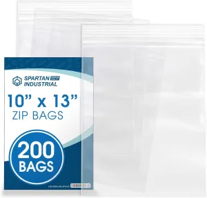 Spartan Industrial - 10” X 13” (200 Count) 2 Mil Clear Reclosable Zip Plastic Poly Bags with Resealable Lock Seal Zipper