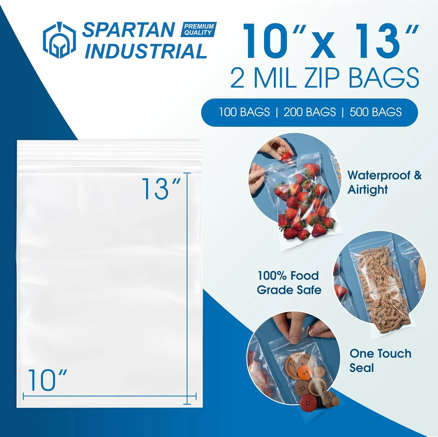 Spartan Industrial - 10” X 13” (200 Count) 2 Mil Clear Reclosable Zip Plastic Poly Bags with Resealable Lock Seal Zipper