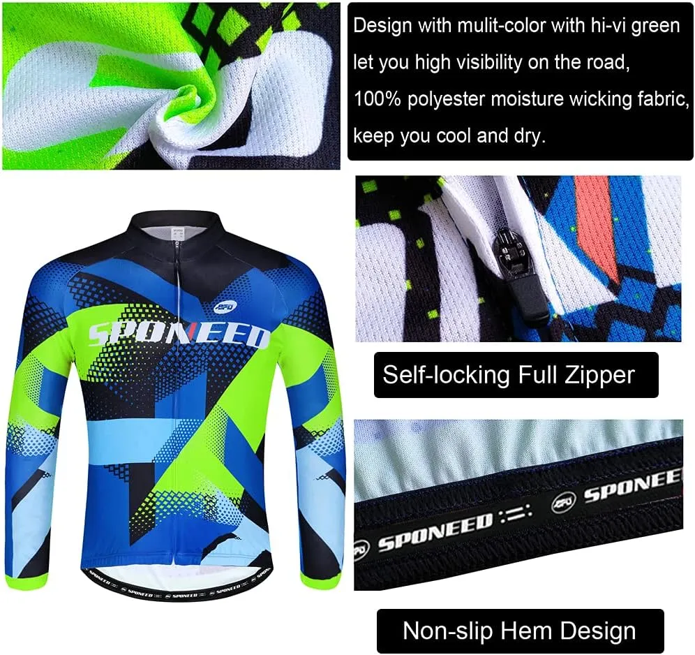 sponeed Cycling Clothes for Men Long Sleeve Mountain Bike Road Bicycle Shirt Jerseys Padded Pants Biking Outfits
