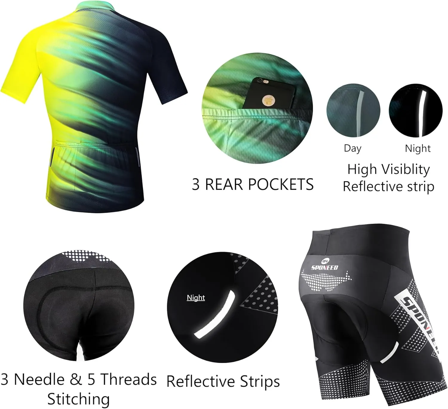 sponeed Cycling Jersey Short Sleeve Suits Men Bike Clothing Road Bicycle Shorts Padded Outfits