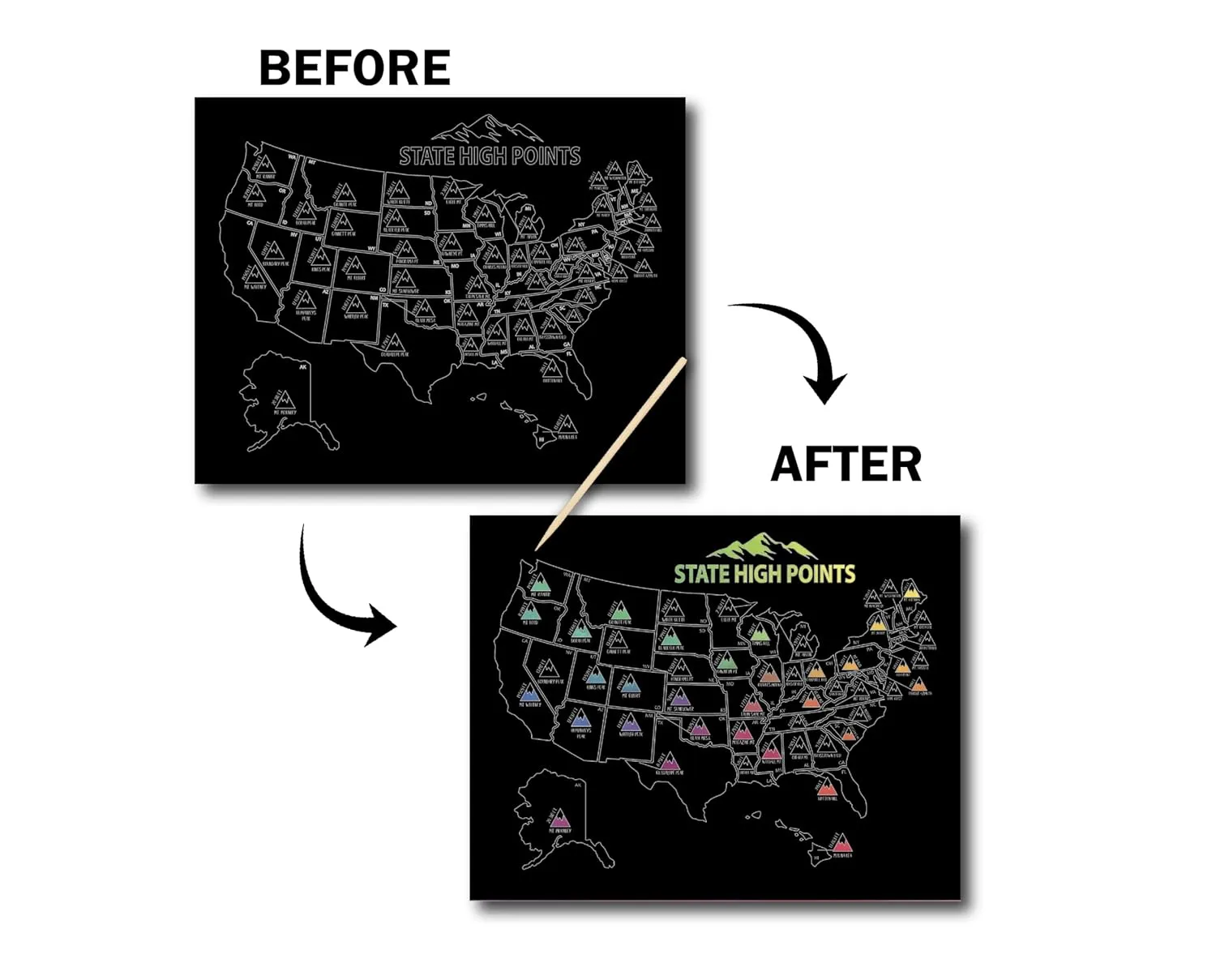State High Points Scratch Off Map, 11x14, USA Peak Tracking Poster, Highest Peak in Each State Tracker (Black)