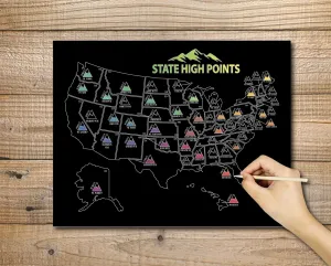 State High Points Scratch Off Map, 11x14, USA Peak Tracking Poster, Highest Peak in Each State Tracker (Black)