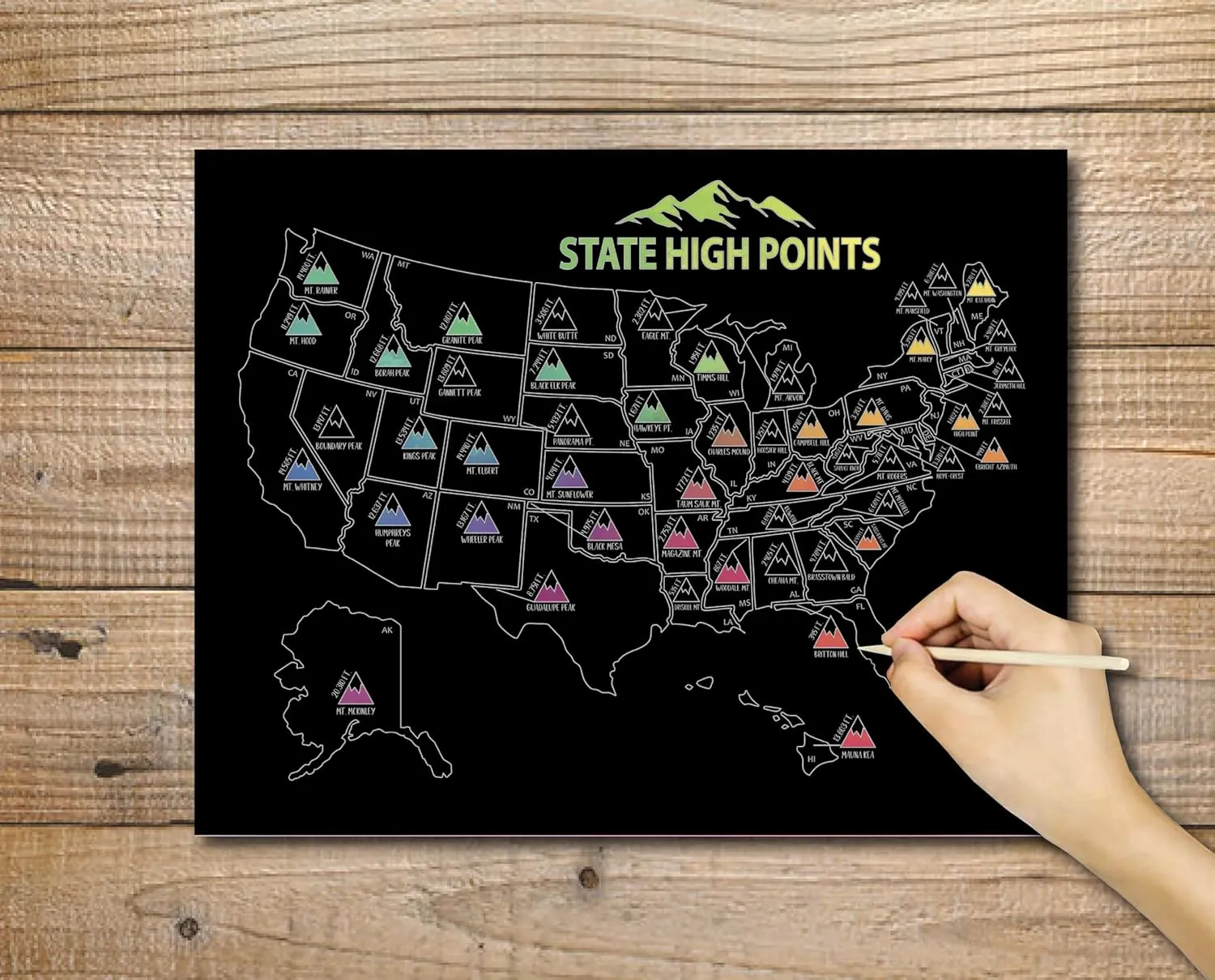 State High Points Scratch Off Map, 11x14, USA Peak Tracking Poster, Highest Peak in Each State Tracker (Black)