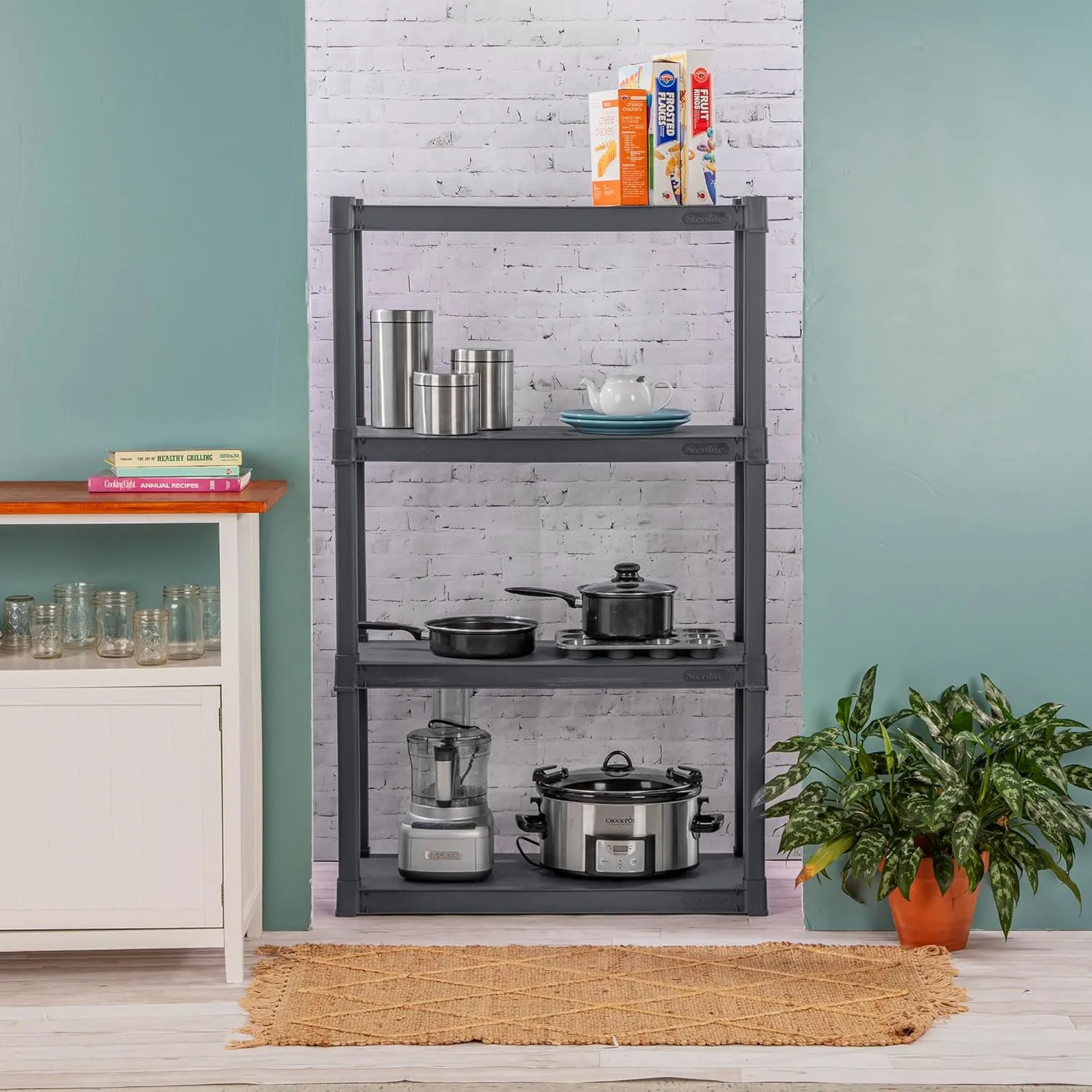 Sterilite 4-Shelf Plastic Storage Rack, Heavy Duty Shelving Unit for Garage, Gray