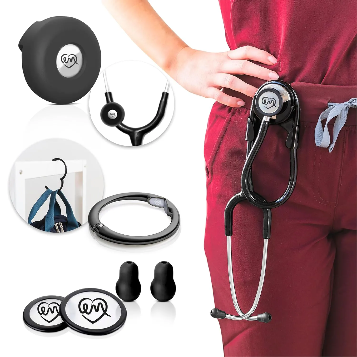 Stethoscope Holder Kit – Hip Clip with Rotating Clip for Neck Pain Relief   3 BONUSES: Stethoscope AirTag Holder, Stethoscope Replacement Covers/Ear Pieces (Classic III & IV), and Bag Hanger
