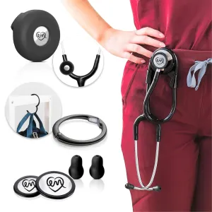 Stethoscope Holder Kit – Hip Clip with Rotating Clip for Neck Pain Relief   3 BONUSES: Stethoscope AirTag Holder, Stethoscope Replacement Covers/Ear Pieces (Classic III & IV), and Bag Hanger