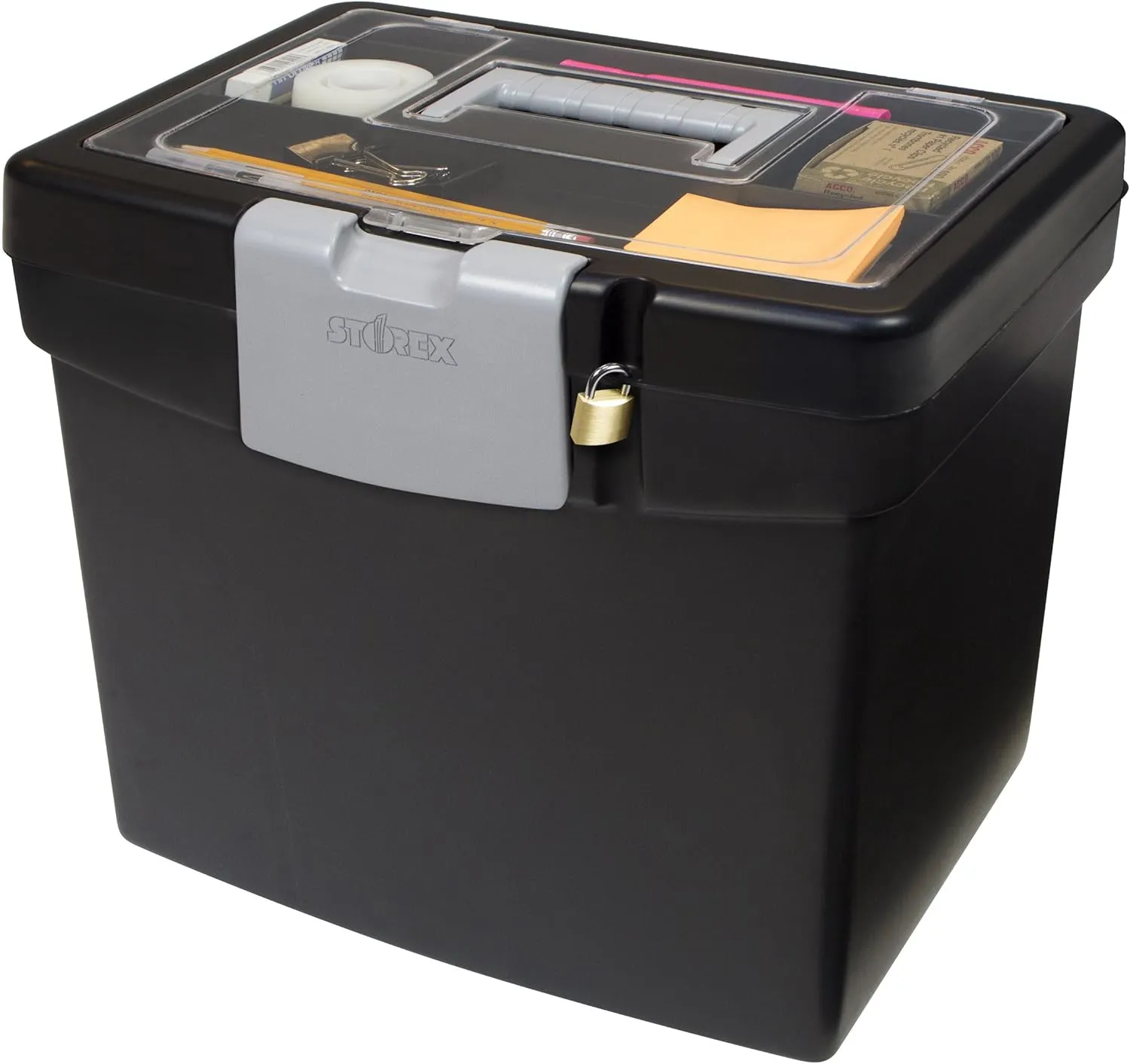 Storex 61504B02C Portable File Box with XL Lid, 11 x 13-1/2 x 11 Inches, Black