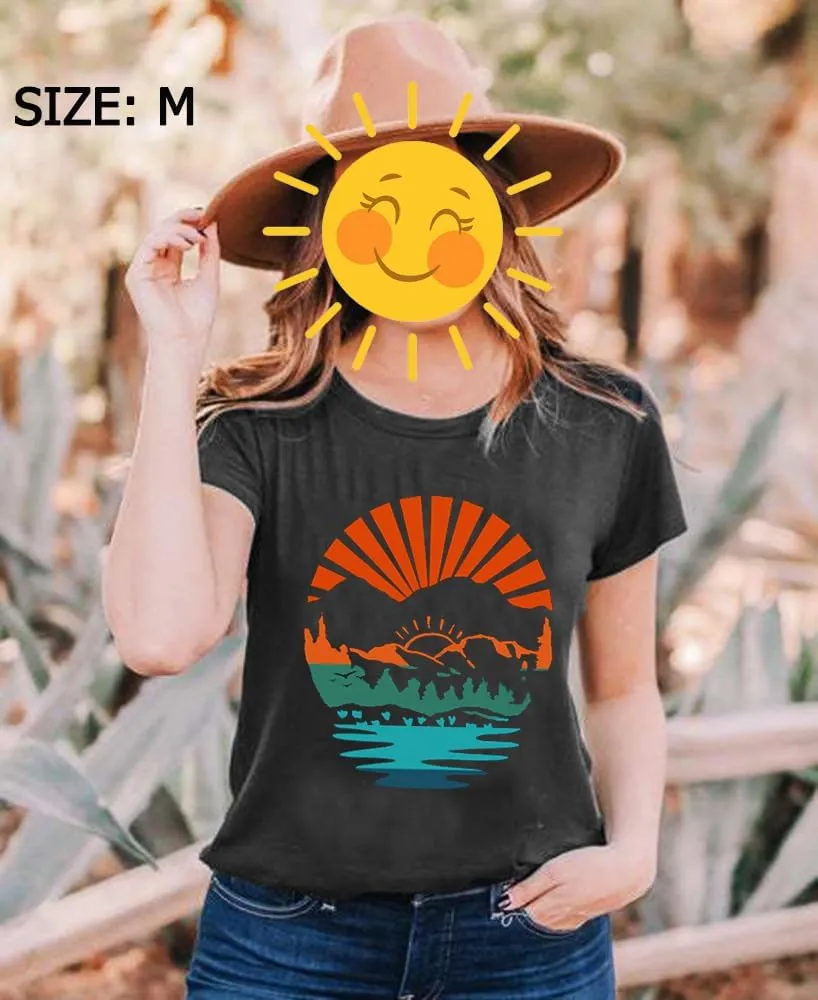 Sunrise Mountain Adventure Tee Women Camping Hiking Outdoor Shirt Travel Athletic Outfit Top