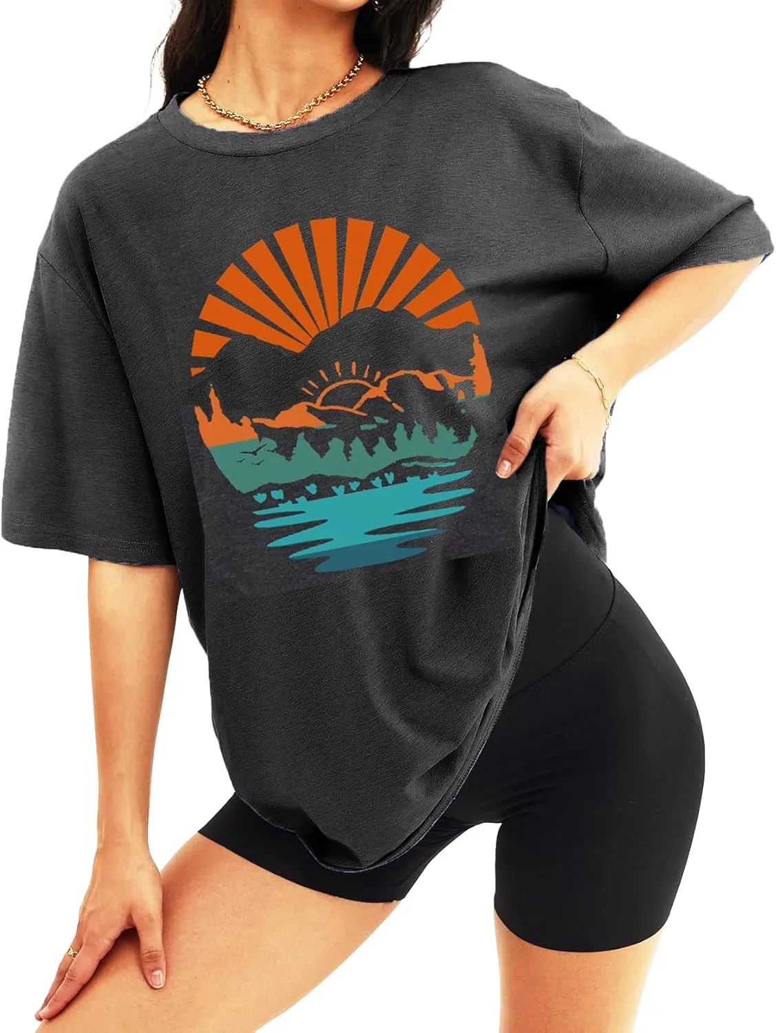 Sunrise Mountain Adventure Tee Women Camping Hiking Outdoor Shirt Travel Athletic Outfit Top