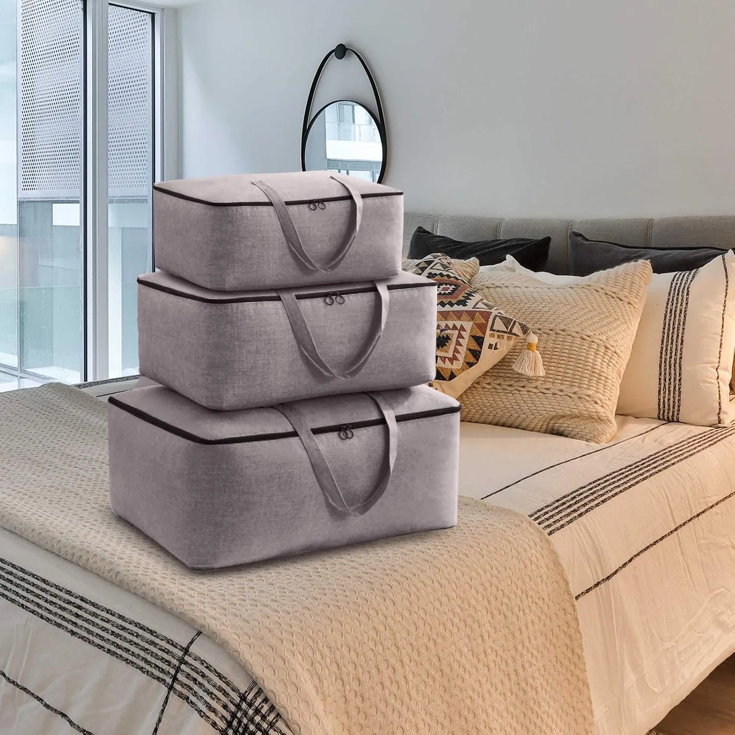 Surblue Clothes Storage Bag Organizer with Durable Handles Thick Fabric Large Capacity for Blanket Comforter Clothing Bedding (DeepGrey, M)