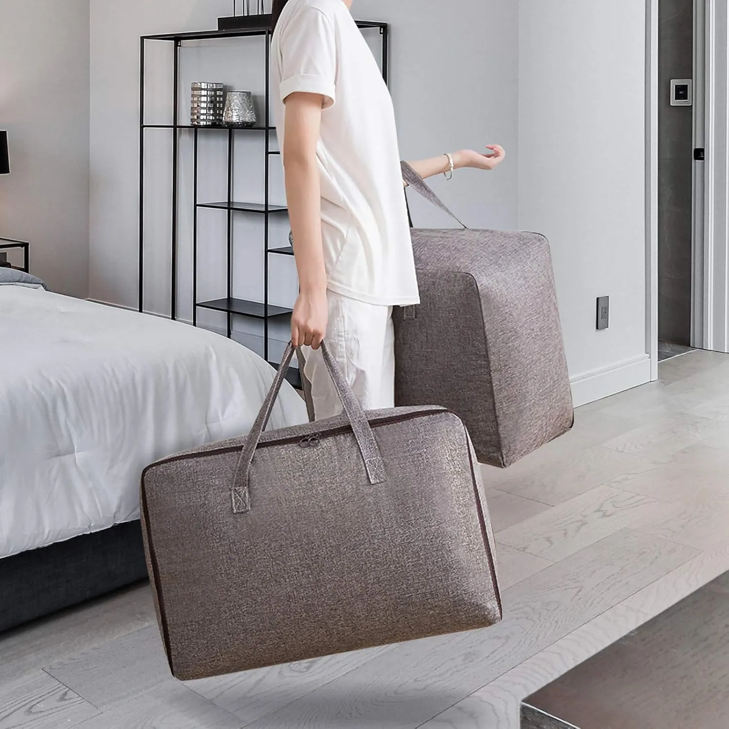 Surblue Clothes Storage Bag Organizer with Durable Handles Thick Fabric Large Capacity for Blanket Comforter Clothing Bedding (DeepGrey, M)