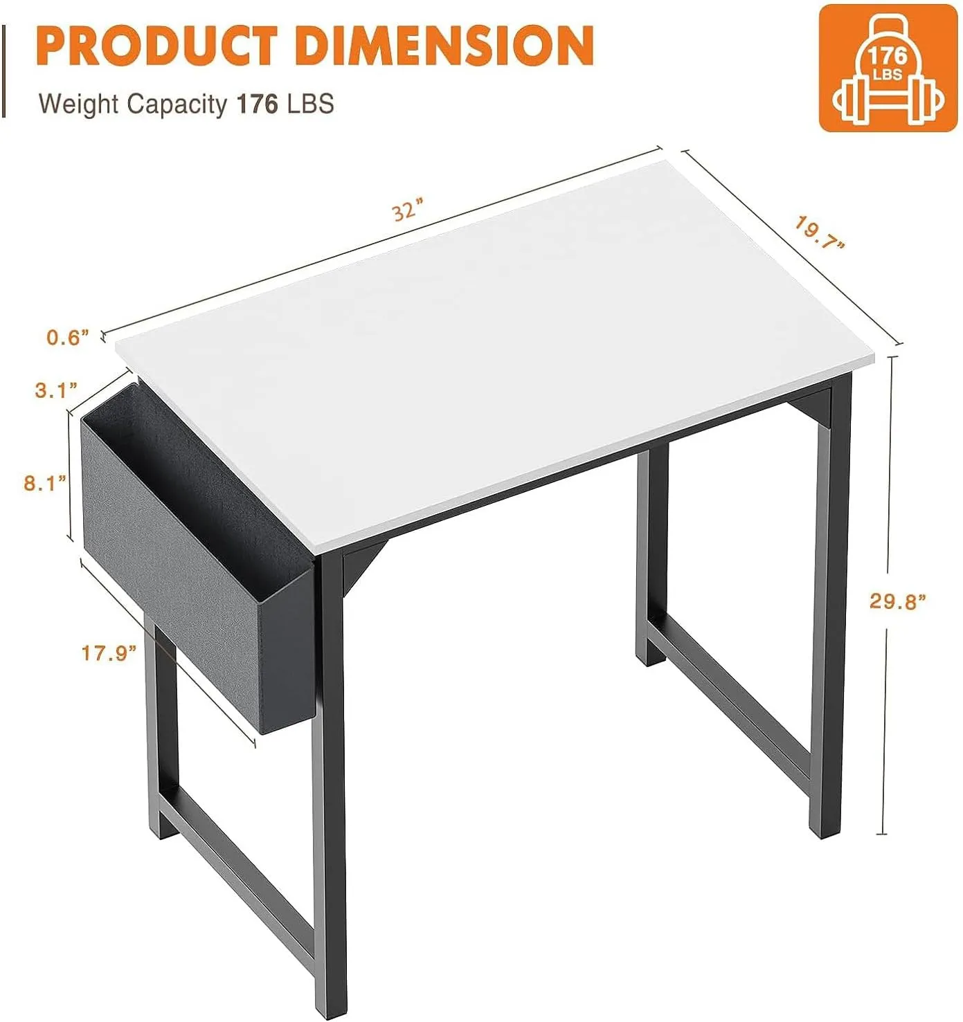 Sweetcrispy Computer Desk - 32 Inch Small Office Writing Work Study Kids Student Teacher Home Bedroom Table Storage Bag Headphone Hooks & no Wheels - White