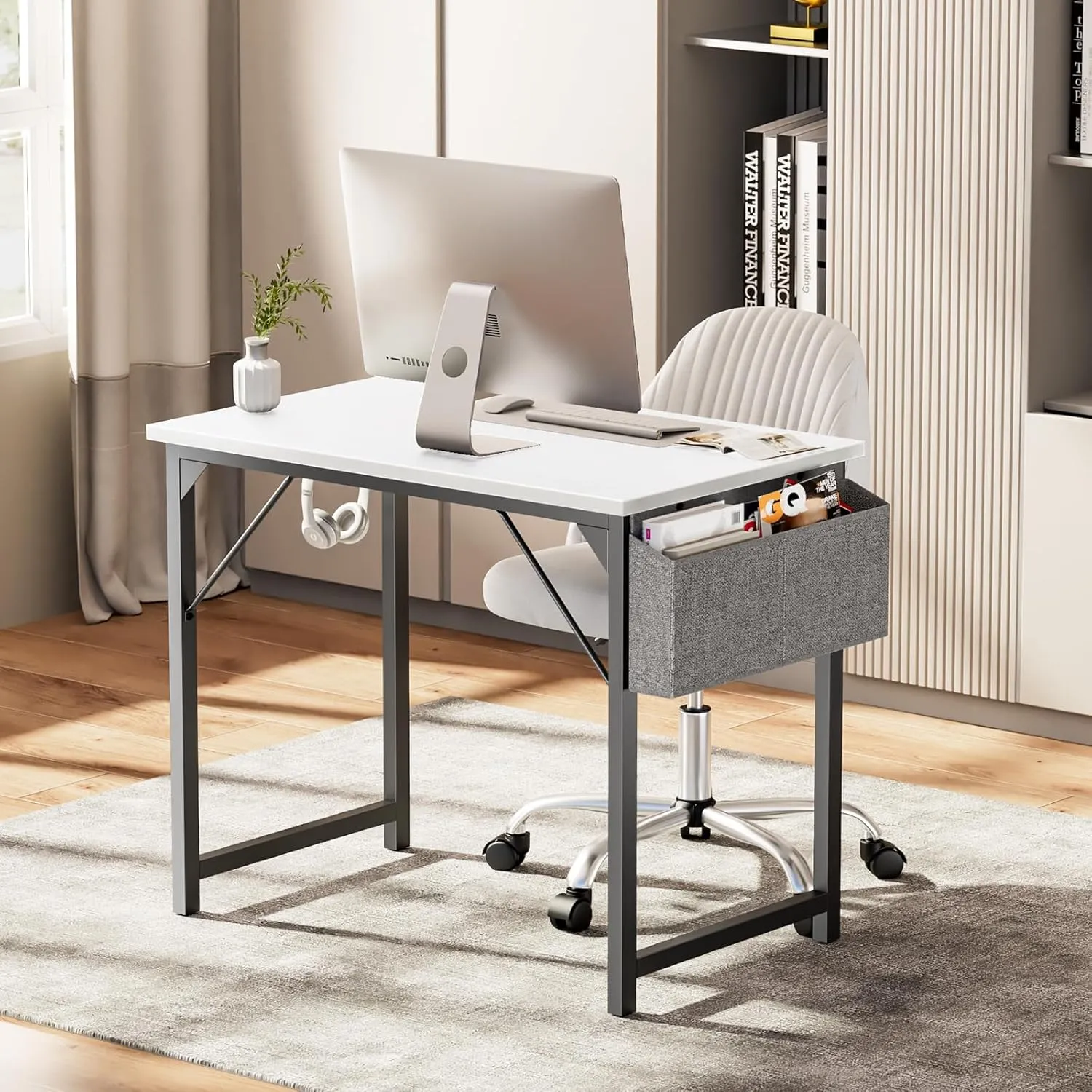 Sweetcrispy Computer Desk -Small Office 32 Inch Writing Work Study Kids Student Teacher Home Bedroom Table with Storage Bag Headphone Hooks & no Wheels, White