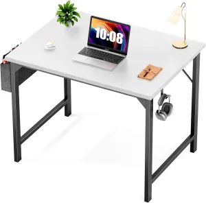 Sweetcrispy Computer Desk -Small Office 32 Inch Writing Work Study Kids Student Teacher Home Bedroom Table with Storage Bag Headphone Hooks & no Wheels, White