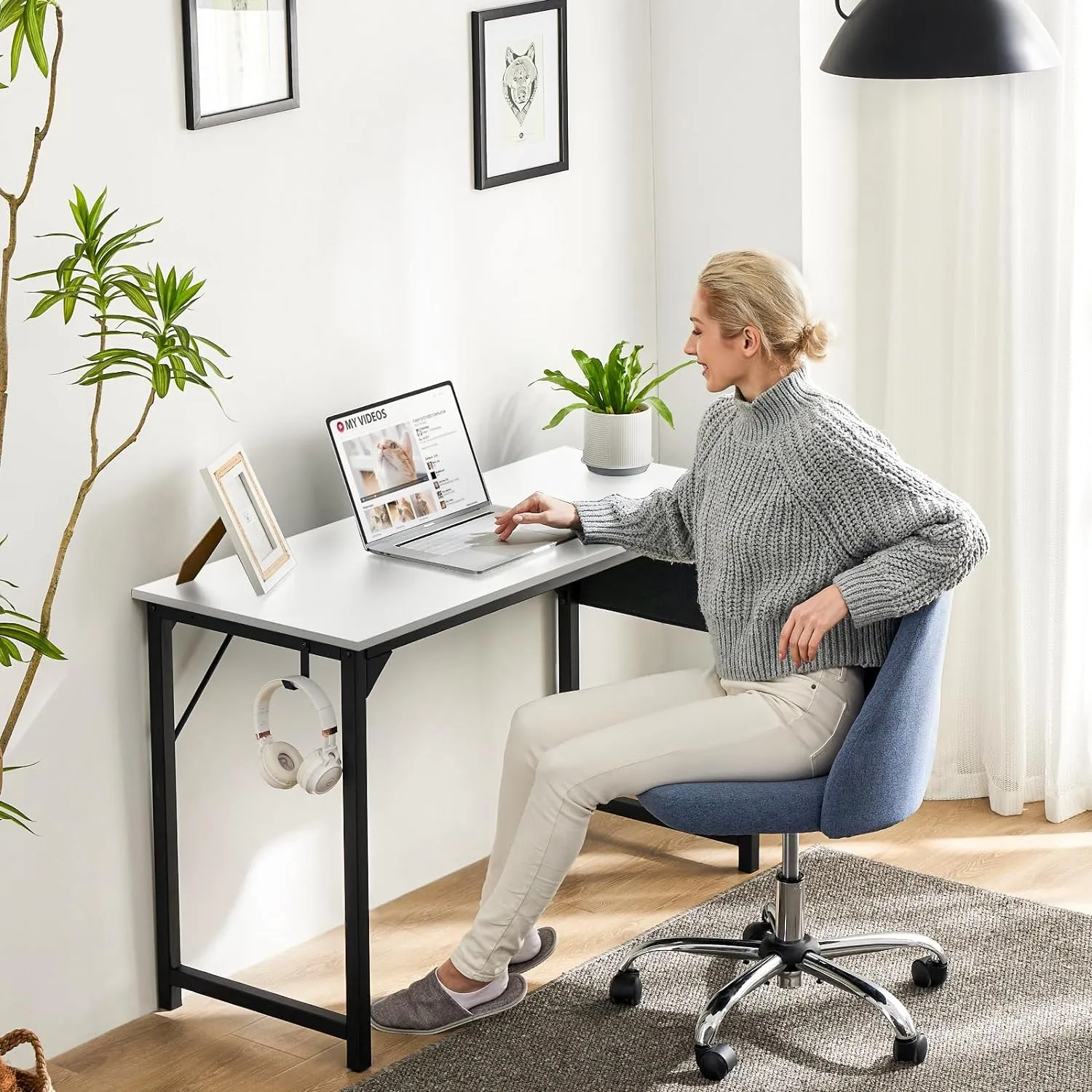 Sweetcrispy Computer Desk -Small Office 32 Inch Writing Work Study Kids Student Teacher Home Bedroom Table with Storage Bag Headphone Hooks & no Wheels, White
