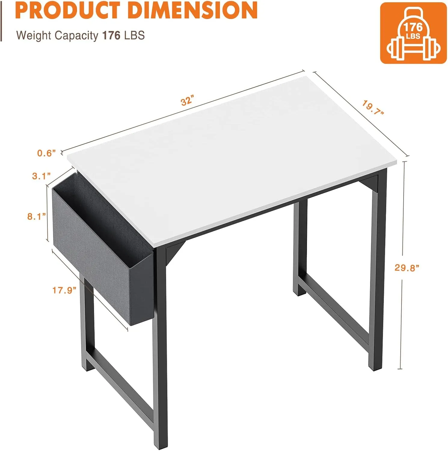 Sweetcrispy Computer Desk -Small Office 32 Inch Writing Work Study Kids Student Teacher Home Bedroom Table with Storage Bag Headphone Hooks & no Wheels, White