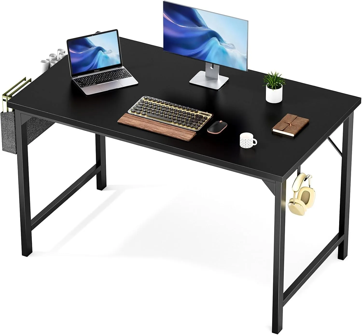 Sweetcrispy Computer Office Desk 48 Inch Student Kids Study Writing Work with Headphone Hooks & Storage Bag Modern Simple PC Home Bedroom Table, Black