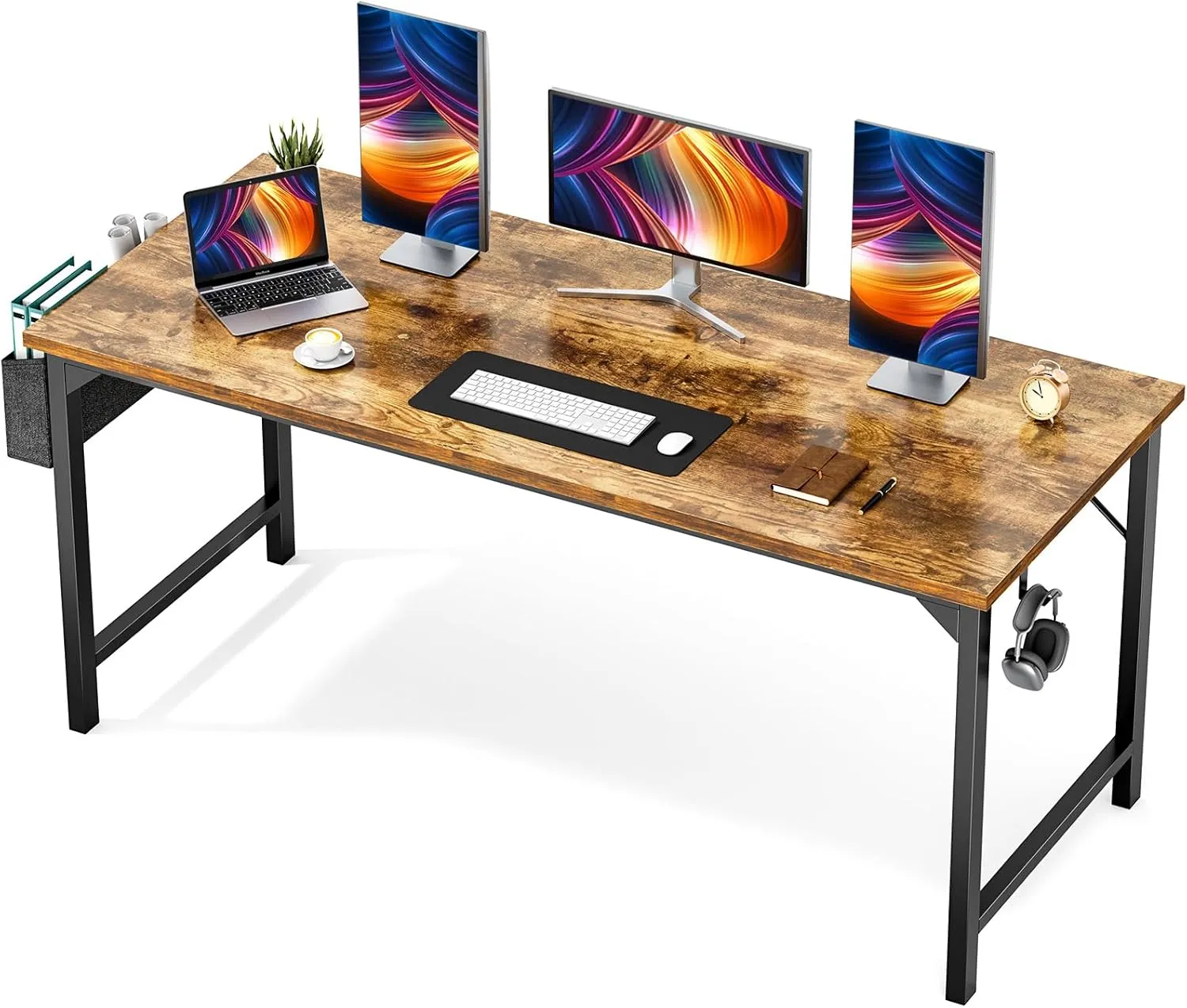 Sweetcrispy Computer Office Desk 63 Inch Student Kids Study Writing Work with Headphone Hooks & Storage Bag Modern Simple PC Home Bedroom Table, Rustic Brown