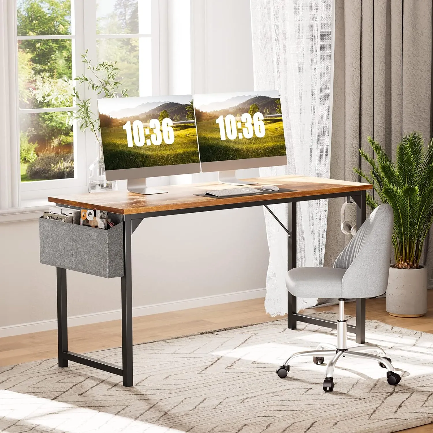 Sweetcrispy Computer Small Office Desk 32 Inch Student Kids Study Writing Work with Headphone Hooks & Storage Bag Modern Simple PC Home Bedroom Table - Rustic Brown