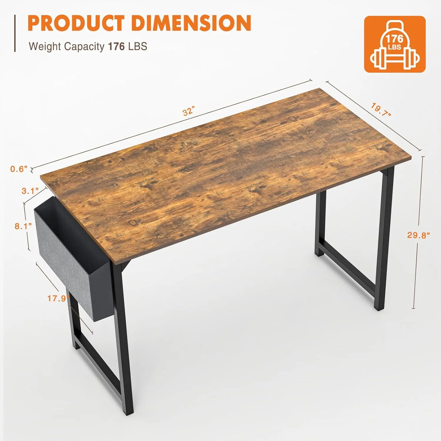 Sweetcrispy Computer Small Office Desk 32 Inch Student Kids Study Writing Work with Headphone Hooks & Storage Bag Modern Simple PC Home Bedroom Table - Rustic Brown