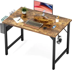 Sweetcrispy Computer Small Office Desk 40 Inch Student Kids Study Writing Work with Headphone Hooks & Storage Bag Modern Simple PC Home Bedroom Table - Brown