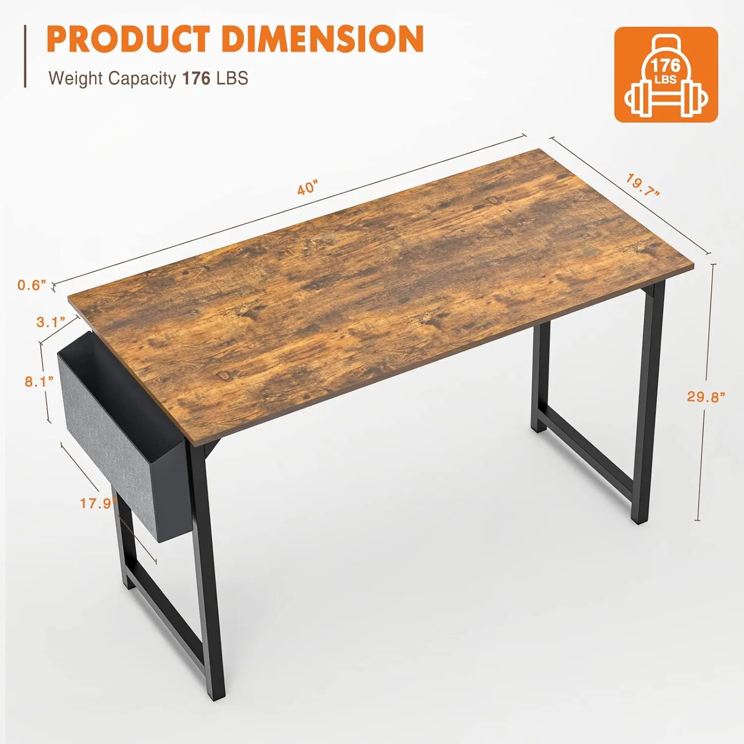 Sweetcrispy Computer Small Office Desk 40 Inch Student Kids Study Writing Work with Headphone Hooks & Storage Bag Modern Simple PC Home Bedroom Table - Brown