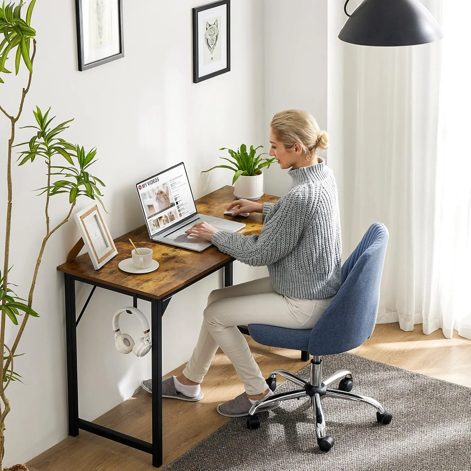 Sweetcrispy Computer Small Office Desk 40 Inch Student Kids Study Writing Work with Headphone Hooks & Storage Bag Modern Simple PC Home Bedroom Table - Brown