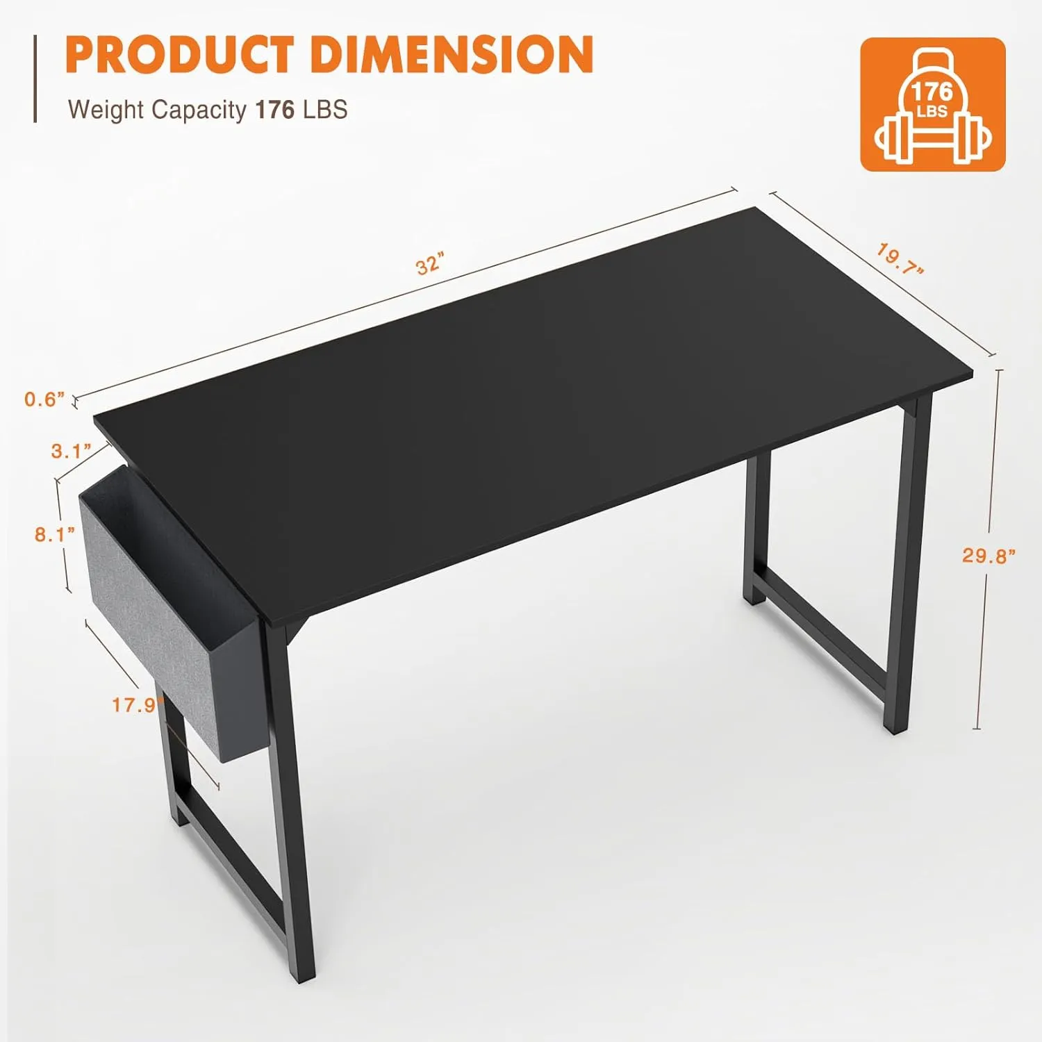 Sweetcrispy Small Computer Office Desk 32 Inch Kids Student Study Writing Work with Storage Bag & Headphone Hooks Modern Simple Home Bedroom PC Table - Black