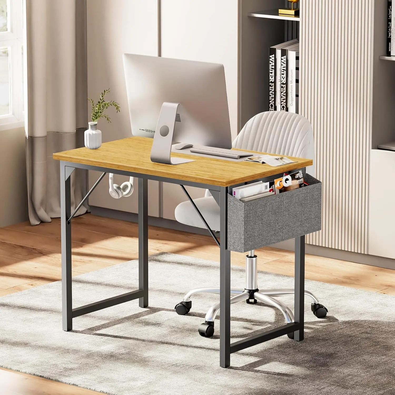 Sweetcrispy Small Computer Office Desk 32 Inch Kids Student Study Writing Work with Storage Bag & Headphone Hooks Modern Simple Home Bedroom PC Table, Nature