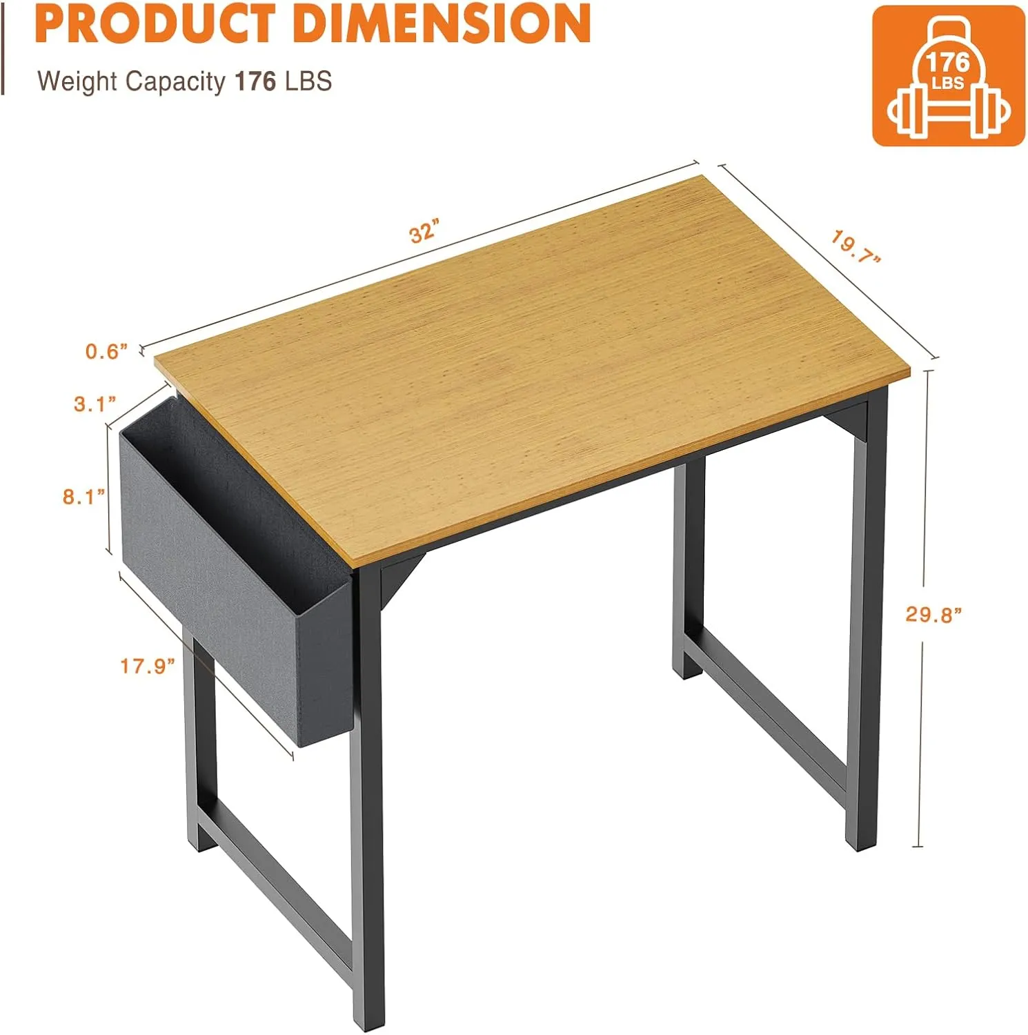Sweetcrispy Small Computer Office Desk 32 Inch Kids Student Study Writing Work with Storage Bag & Headphone Hooks Modern Simple Home Bedroom PC Table, Nature