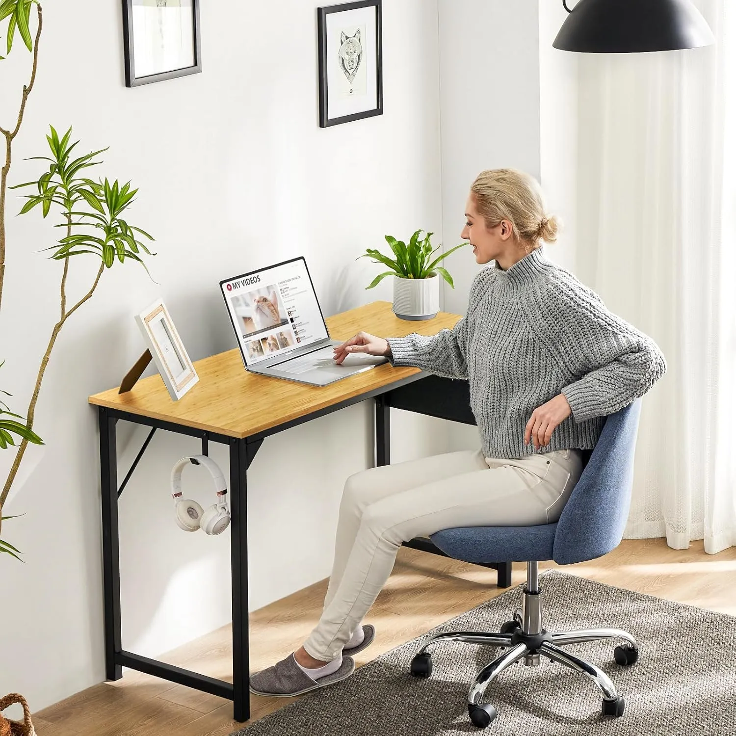 Sweetcrispy Small Computer Office Desk 32 Inch Kids Student Study Writing Work with Storage Bag & Headphone Hooks Modern Simple Home Bedroom PC Table, Nature