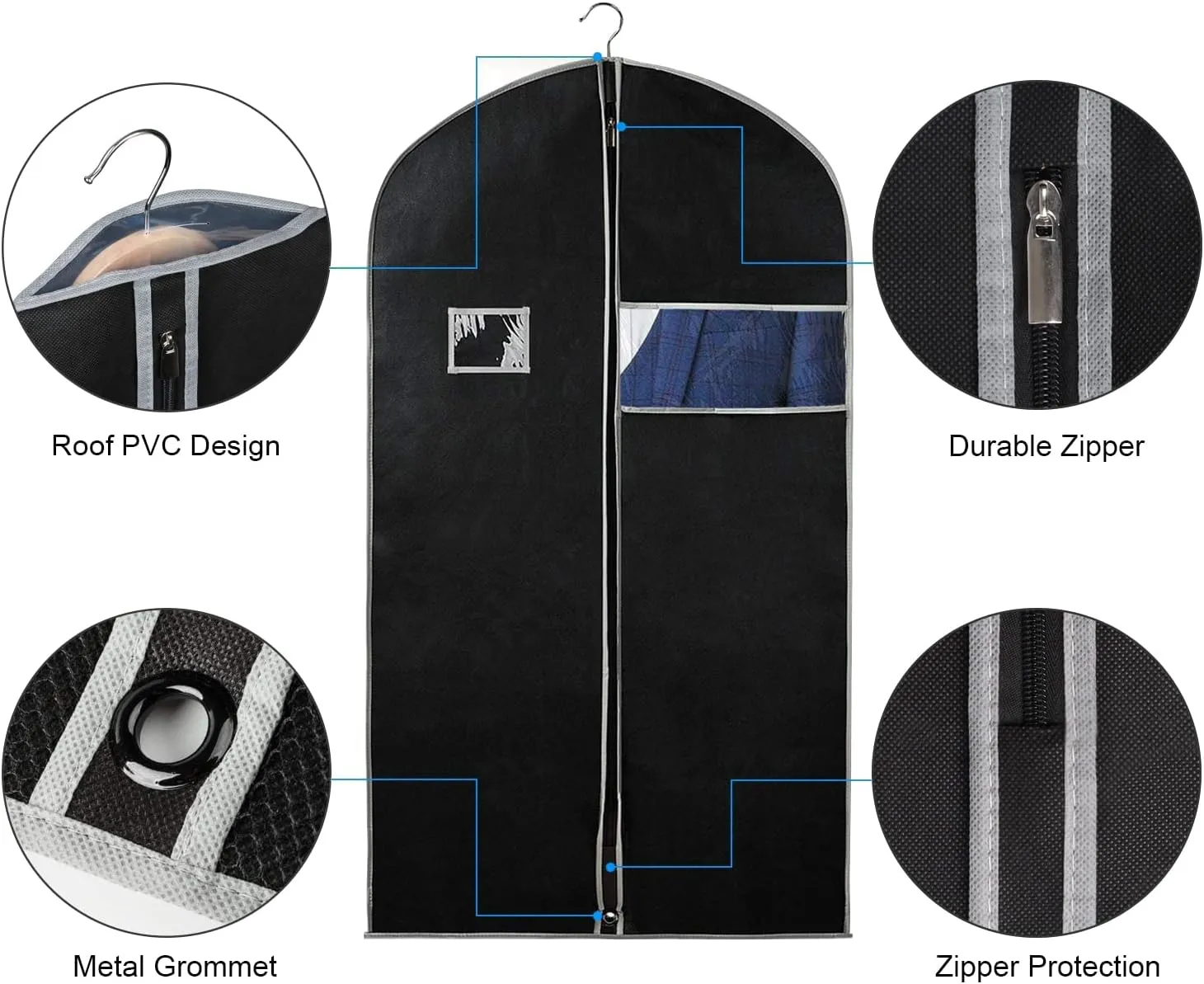 Syeeiex 40" Suit Bag, Set of 5 Garment Bags for Hanging Clothes, Suit Bags for Closet Storage, Garment Bags for Storage Suits,T-shirts, Jackets and Coats(Black & Grey)