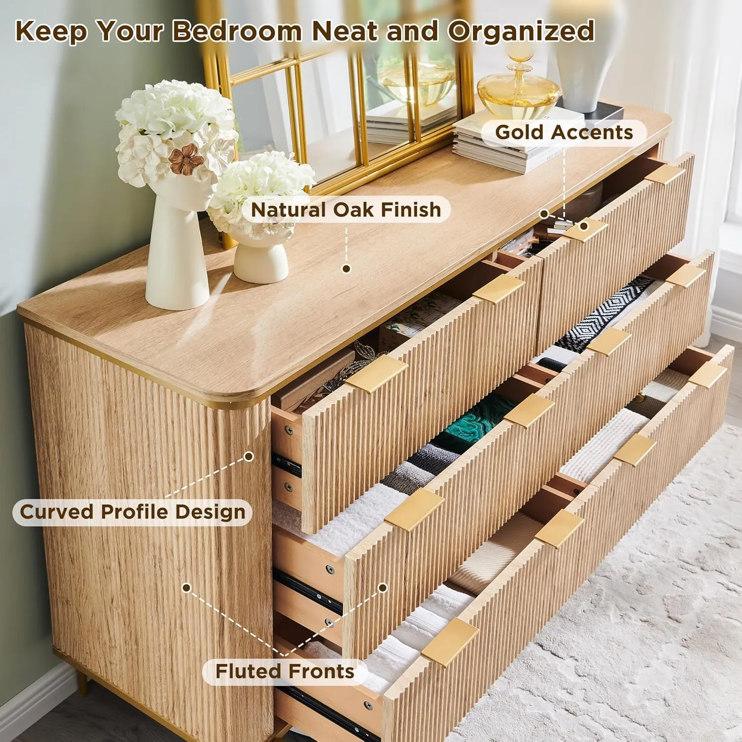 T4TREAM Fluted 6 Drawers Dresser for Bedroom, 54" Wide Modern Dresser TV Stand, Gold Accents, Fluted Fronts, Wood Storage Dressers Organizer for Bedroom, Living Room, Natural Oak