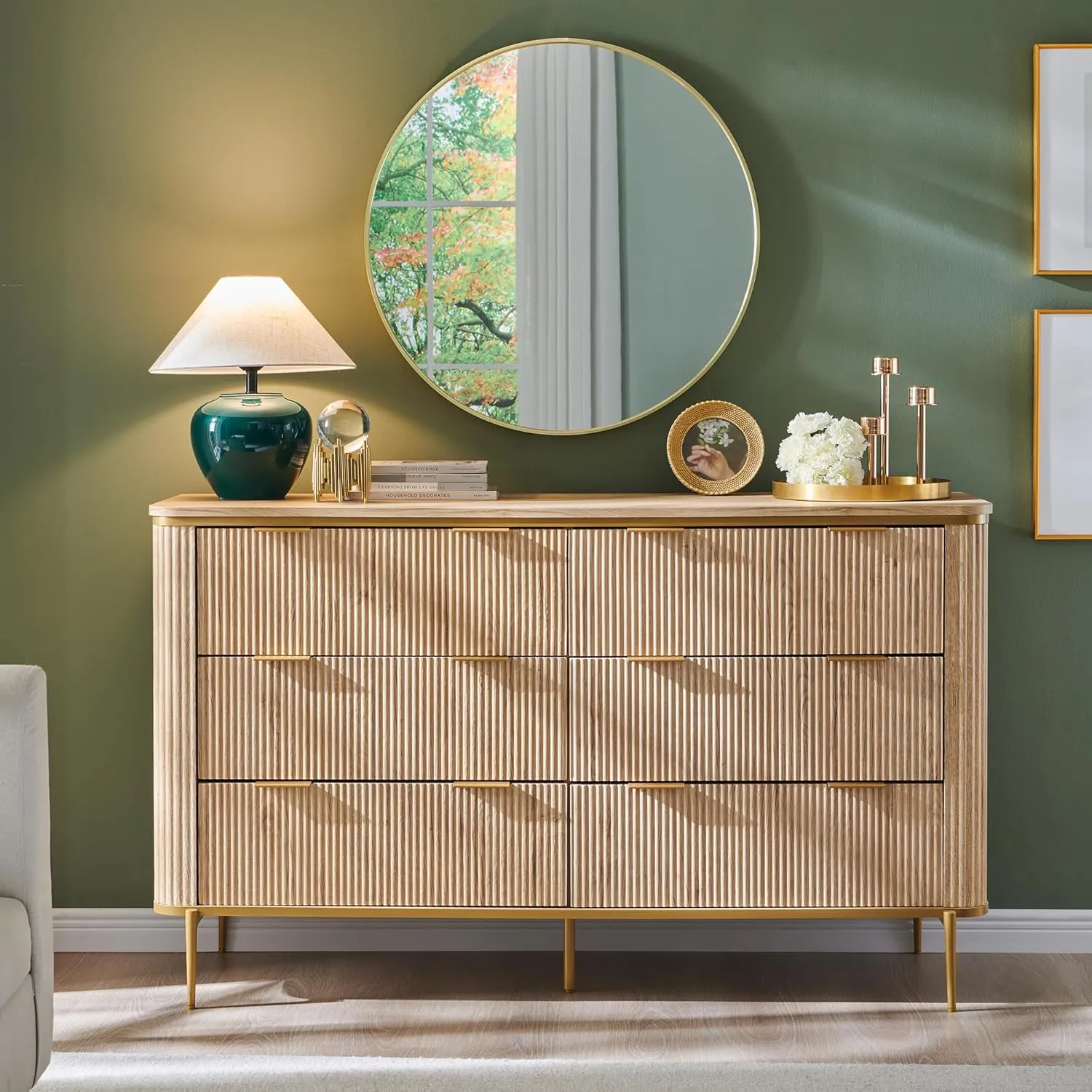 T4TREAM Fluted 6 Drawers Dresser for Bedroom, 54" Wide Modern Dresser TV Stand, Gold Accents, Fluted Fronts, Wood Storage Dressers Organizer for Bedroom, Living Room, Natural Oak