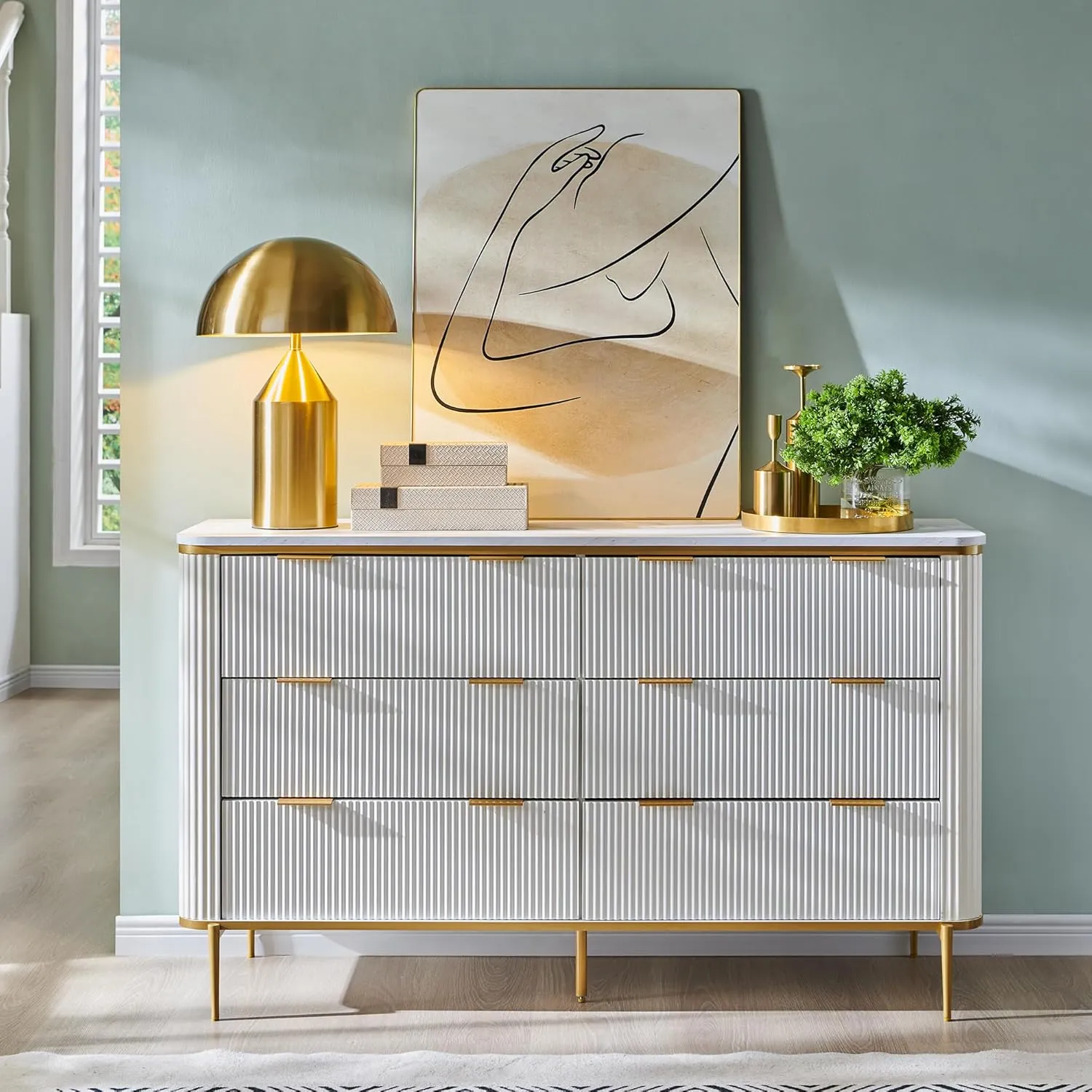T4TREAM Fluted 6 Drawers Dresser for Bedroom, 54" Wide Modern Dresser TV Stand, Gold Accents, Fluted Fronts, Wood Storage Dressers Organizer for Bedroom, Living Room, Off White