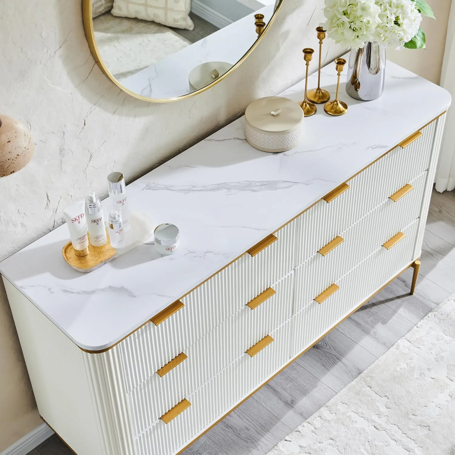 T4TREAM Fluted 6 Drawers Dresser for Bedroom, 54" Wide Modern Dresser TV Stand, Gold Accents, Fluted Fronts, Wood Storage Dressers Organizer for Bedroom, Living Room, Off White