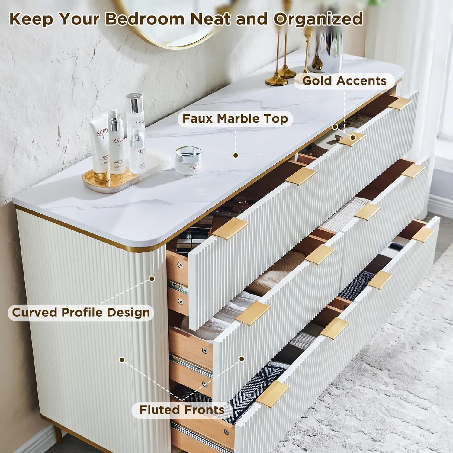 T4TREAM Fluted 6 Drawers Dresser for Bedroom, 54" Wide Modern Dresser TV Stand, Gold Accents, Fluted Fronts, Wood Storage Dressers Organizer for Bedroom, Living Room, Off White