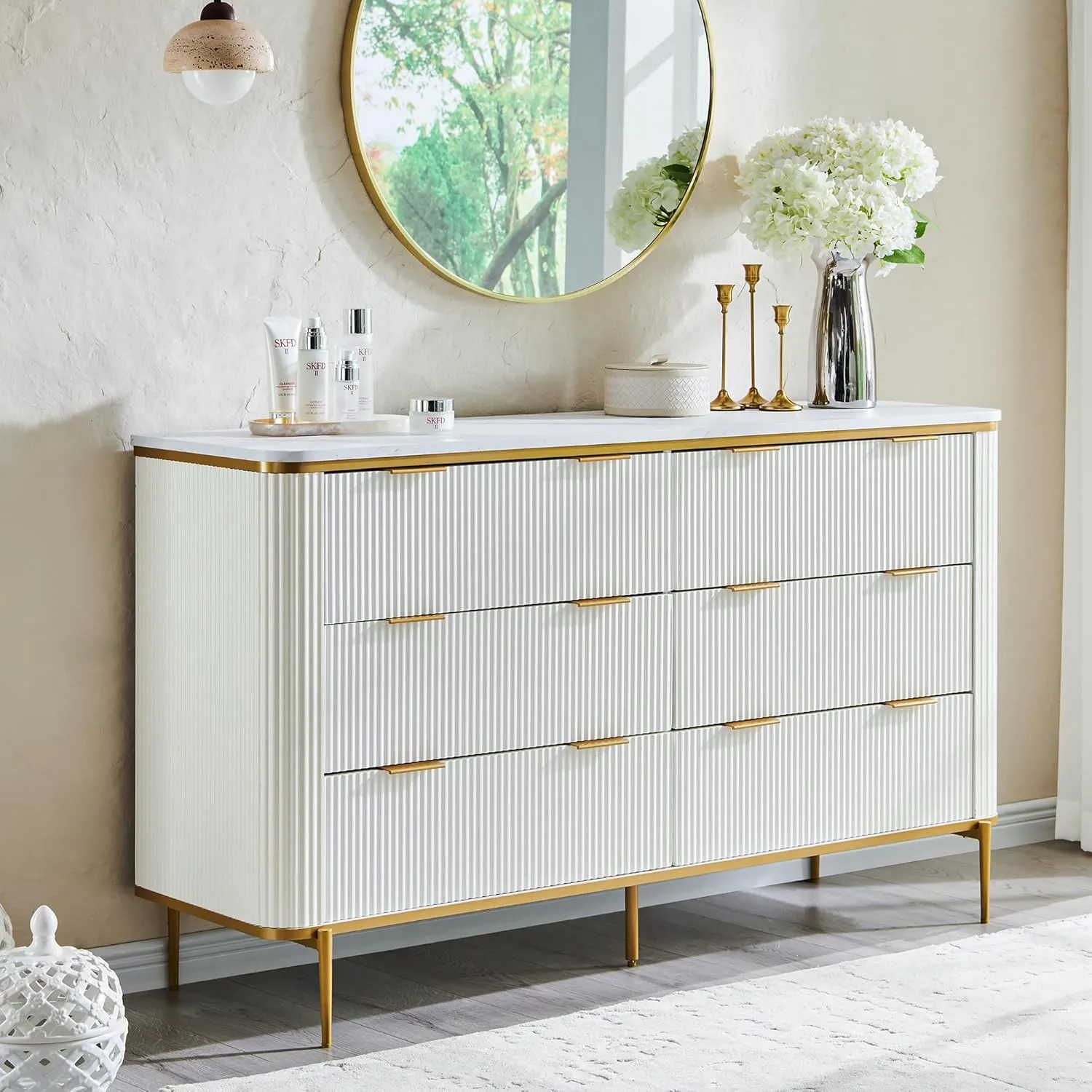 T4TREAM Fluted 6 Drawers Dresser for Bedroom, 54" Wide Modern Dresser TV Stand, Gold Accents, Fluted Fronts, Wood Storage Dressers Organizer for Bedroom, Living Room, Off White
