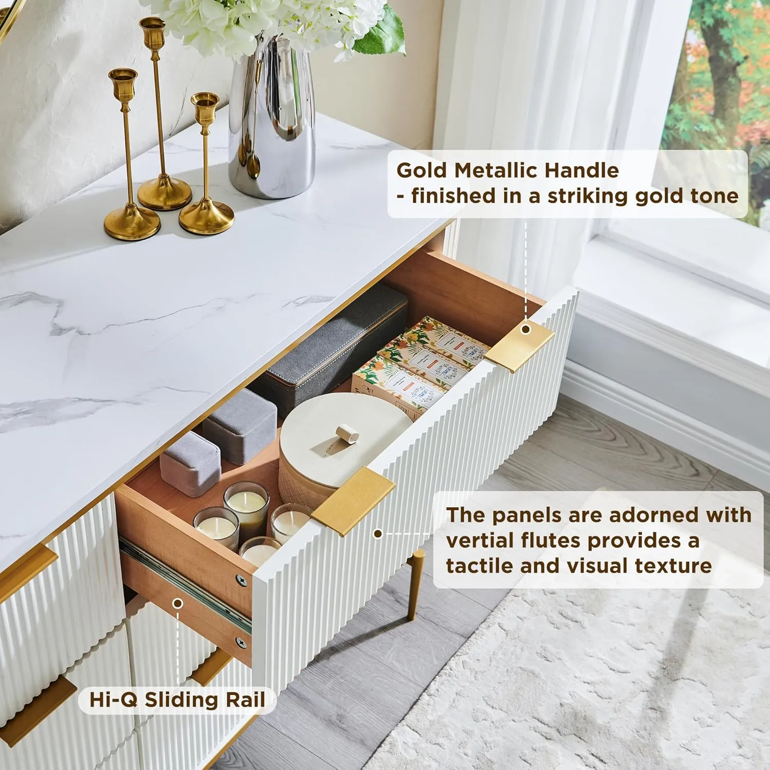 T4TREAM Fluted 6 Drawers Dresser for Bedroom, 54" Wide Modern Dresser TV Stand, Gold Accents, Fluted Fronts, Wood Storage Dressers Organizer for Bedroom, Living Room, Off White