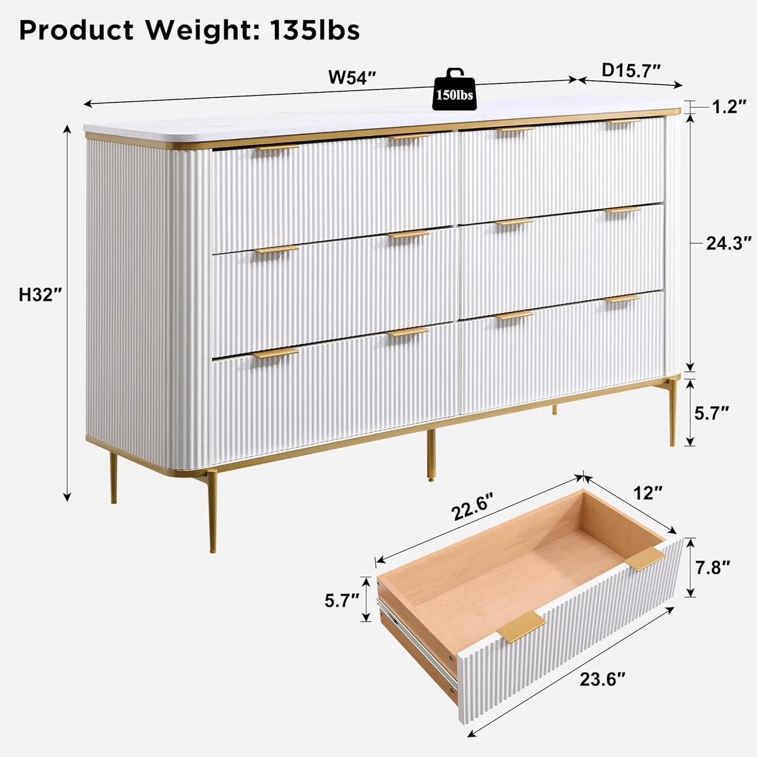 T4TREAM Fluted 6 Drawers Dresser for Bedroom, 54" Wide Modern Dresser TV Stand, Gold Accents, Fluted Fronts, Wood Storage Dressers Organizer for Bedroom, Living Room, Off White