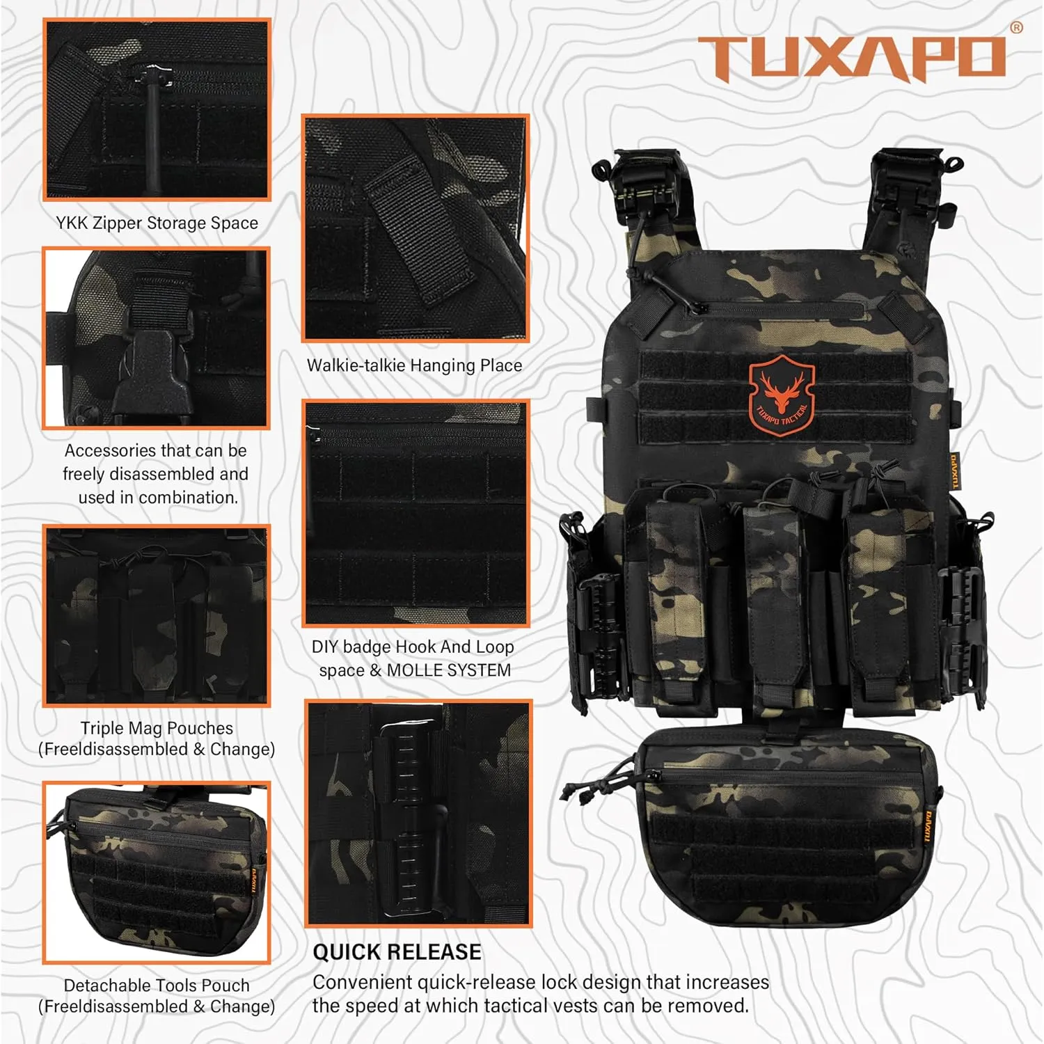 Tactical Molle Vest for Big Men with Quick Release Front Pouch Set Heavy-Duty Detachable and Reassembleable Gear