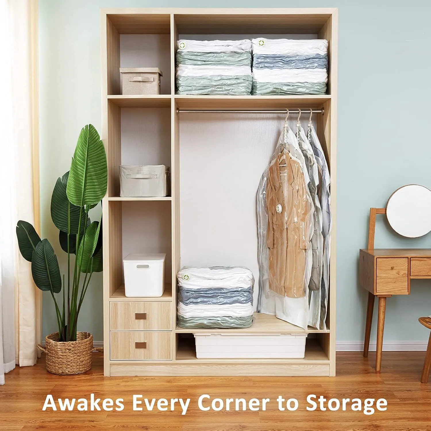 TAILI 6 Pack Vacuum Storage Bags, Combo Vacuum Seal Bags for Clothing (3 Long Hanging 3 Jumbo Cube), Space Saver for Clothes, Beddings, Blanket, Closet Organization and Storage, Cream