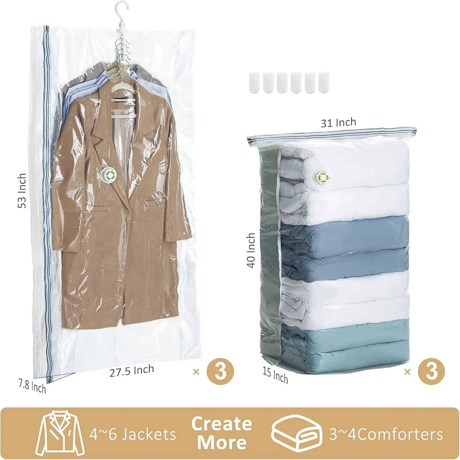 TAILI 6 Pack Vacuum Storage Bags, Combo Vacuum Seal Bags for Clothing (3 Long Hanging 3 Jumbo Cube), Space Saver for Clothes, Beddings, Blanket, Closet Organization and Storage, Cream