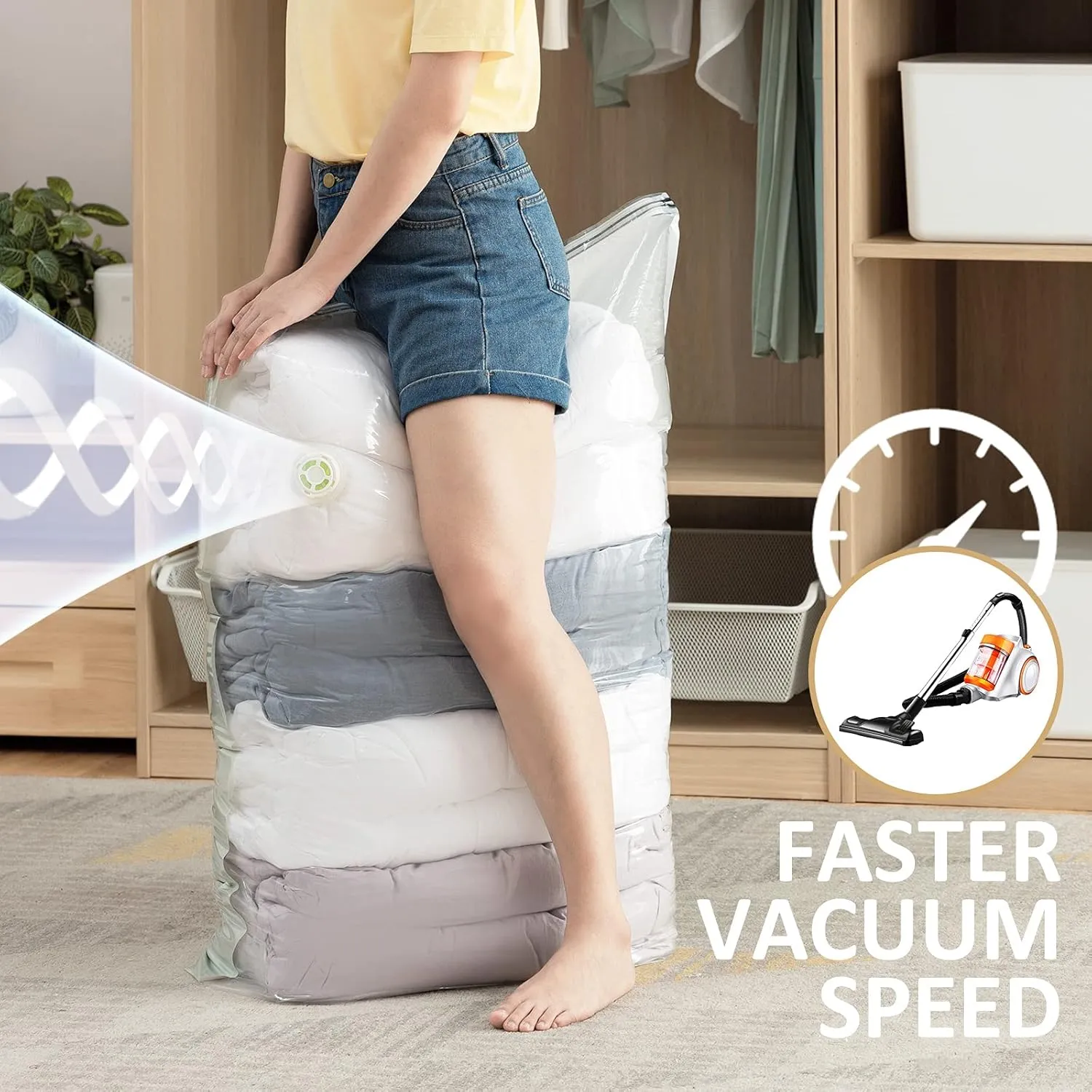 TAILI 6 Pack Vacuum Storage Bags, Combo Vacuum Seal Bags for Clothing (3 Long Hanging 3 Jumbo Cube), Space Saver for Clothes, Beddings, Blanket, Closet Organization and Storage, Cream