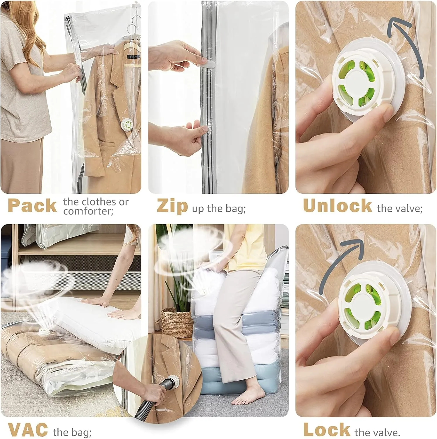 TAILI 6 Pack Vacuum Storage Bags, Combo Vacuum Seal Bags for Clothing (3 Long Hanging 3 Jumbo Cube), Space Saver for Clothes, Beddings, Blanket, Closet Organization and Storage, Cream
