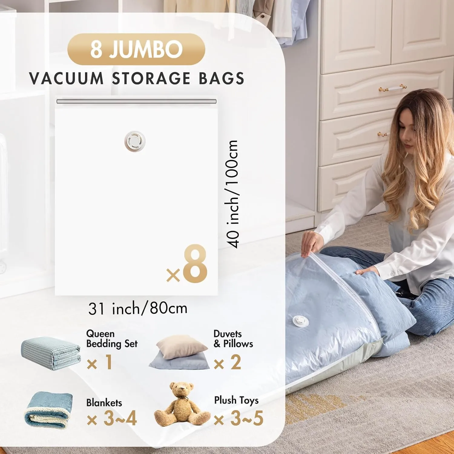 TAILI 8 Pack Vacuum Storage Bags, Jumbo Vacuum Seal Bags for Clothing (40x31 Inch), Large Space Saver for Clothes, Pillows, Bedding, Sweater, Closet Organization