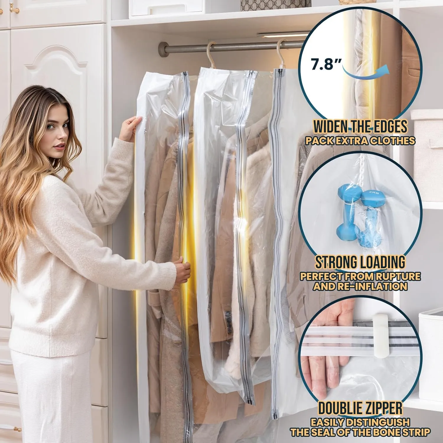 TAILI Hanging Vacuum Sealer Storage Space Saver Bags for Clothing, Suits and Jackets, Closet Organizers, Wider Sides (3 Long, 3 Short) Cream