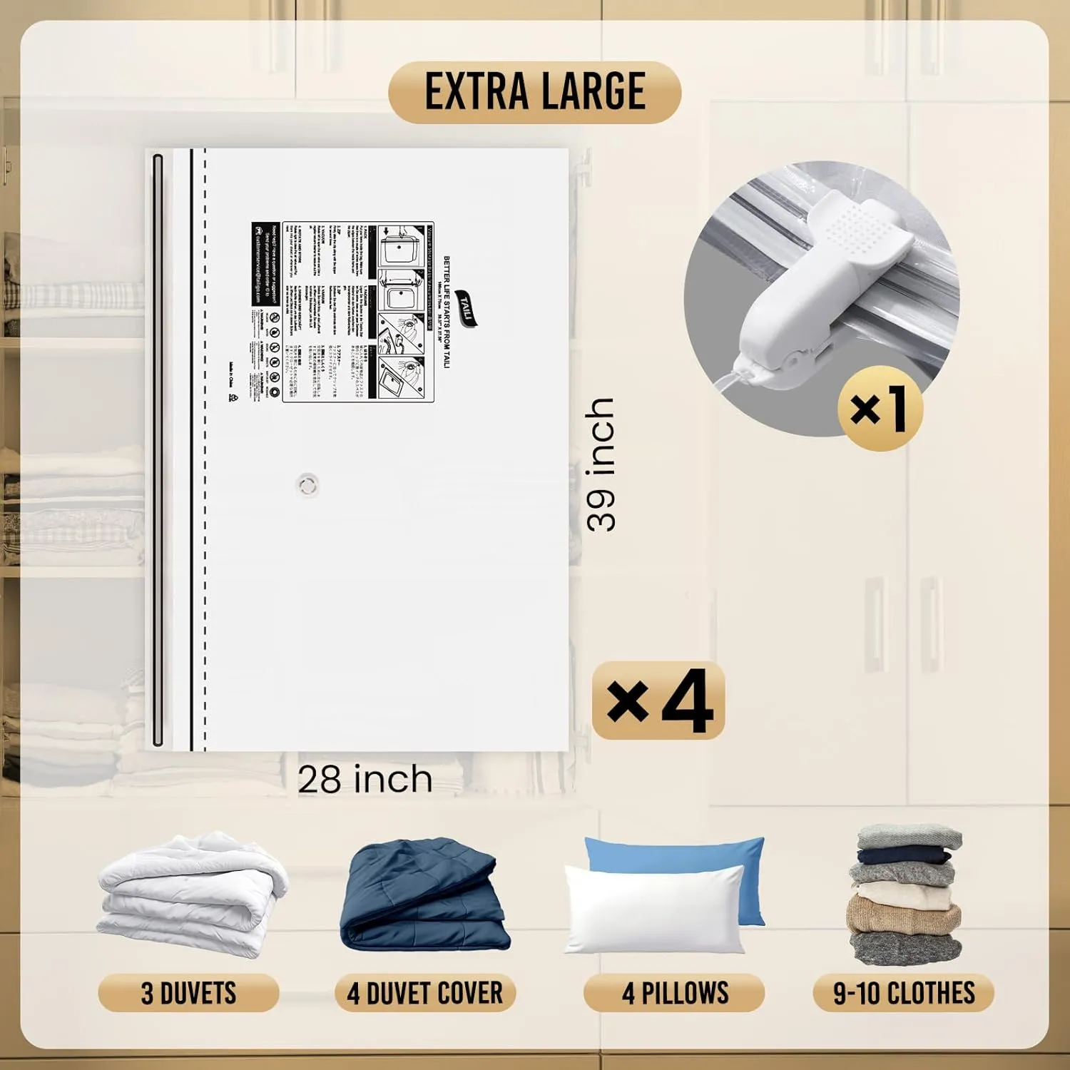 TAILI-LONG SIDE ZIP 4 Pack Vacuum Storage Bags, Vacuum Seal Bags for Clothing(39x28 inches), Jumbo Storage Space Saver for Beddings, Comforters, Blanket, Pillows and Clothes