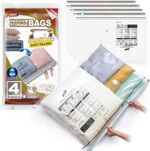 TAILI-LONG SIDE ZIP 4 Pack Vacuum Storage Bags, Vacuum Seal Bags for Clothing(39x28 inches), Jumbo Storage Space Saver for Beddings, Comforters, Blanket, Pillows and Clothes